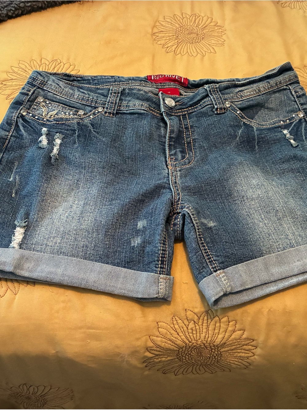 Women's Blue Distressed Red Rivet Denim Shorts